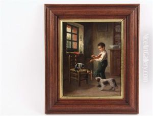 Boy Amusing Two Dogs With Marionette by Jean-Paul Haag