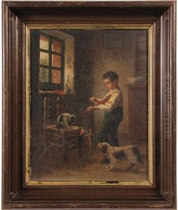 Boy Amusing Cat And Dog With Marionette by Jean-Paul Haag