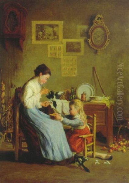 Mother And Daughter Tending To Their Pet Bird - view 1