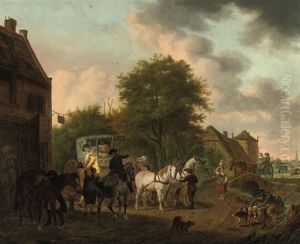 An Elegant Company In A Carriage, Stopping In A Village