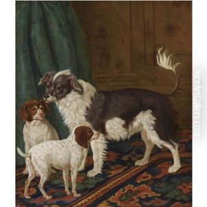 A Longhaired Black-and-white Dog With Bushy Tail And Two Brown Spotted White Puppies In An Interior by Tethart Philip Christian Haag