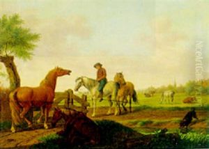 A Horseman By A Stream In A Meadow, A Village Beyond by Tethart Philip Christian Haag