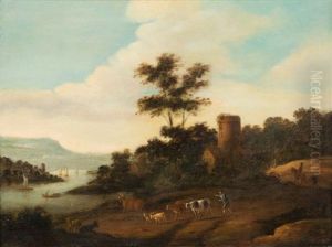 Paysage Campagne Avec Villageois Et Ses Betes Le Long Du Fleuve by Joris van der Haagen or Hagen