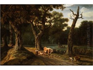 Waldlandschaft Mit Kuh, Schafen Und Einem Angler by Joris van der Haagen or Hagen