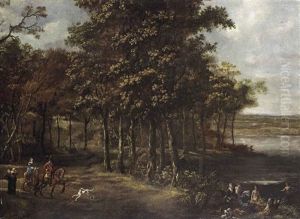 A Forest Landscape With An Elegant Company On Horseback And Bathers by Joris van der Haagen or Hagen