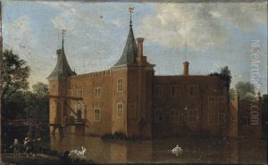 A View Of Ilpenstein Castle, Ilpendam, With Figures On The Drawbridge And Children Playing In The Foreground