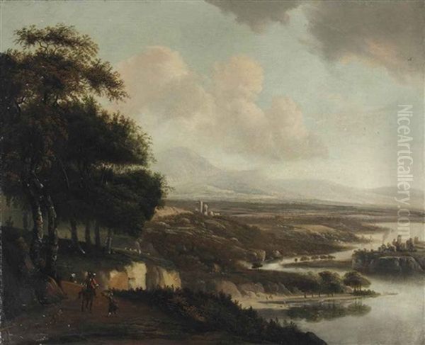 An Extensive Italianate River Landscape With Horsemen On A Path - view 1