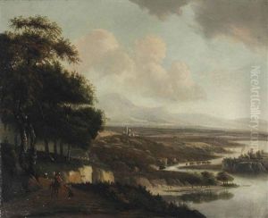 An Extensive Italianate River Landscape With Horsemen On A Path by Joris van der Haagen or Hagen
