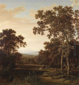 Eine Bewaldete Landschaft, Rechts Im Vordergrund Zwei Hohe Laubbaume, Dahinter Eine Reiterin Und Berittene Jager by Joris van der Haagen or Hagen