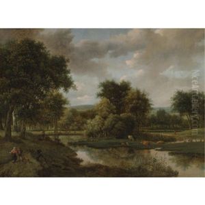 A Marshland Clearing With Peasants And Cattle, Rising Hills Beyond by Joris van der Haagen or Hagen