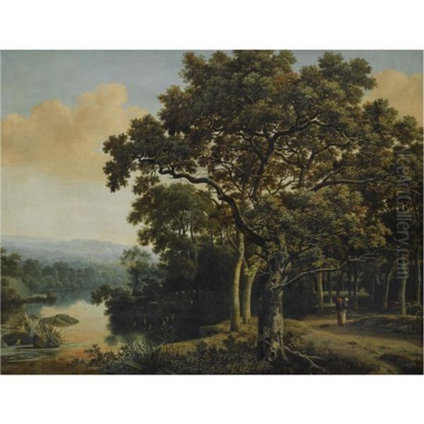 A Wooded Landscape With A Gypsy Woman With Two Children On A Path, Beside A Lake At Sunset - view 1