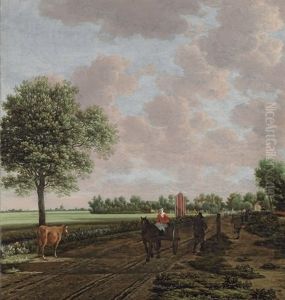 A Pastoral Landscape With A Woman Driving A Horsecart And Other Travellers On The Path, A Windmill Beyond by Joris van der Haagen or Hagen