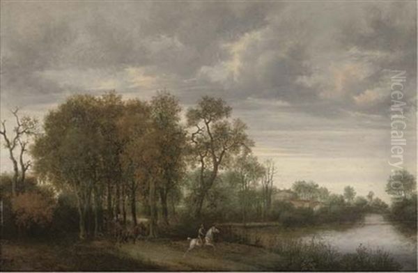 A Wooded River Landscape With A Horseman And A Horse And Cart On A Path - view 1