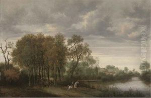 A Wooded River Landscape With A Horseman And A Horse And Cart On A Path by Joris van der Haagen or Hagen