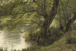 Fishing Near A Woodland Stream by Julius Jacobus Van De Sande Bakhuyzen