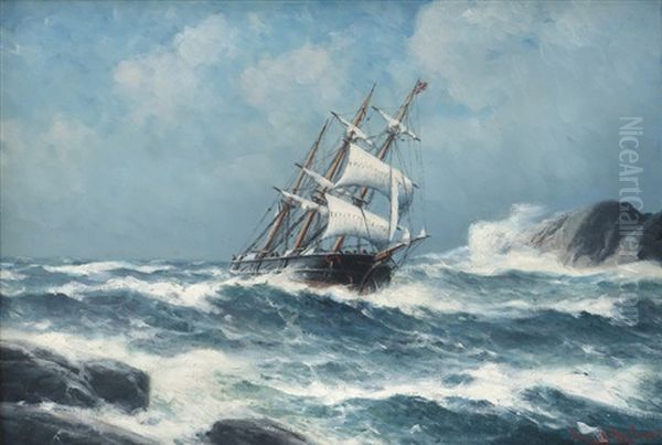 Sailing Ship Between Rocks - view 1
