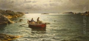 Two Men In A Rowboat With Lobster Trap