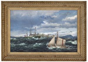 The Pilot Boat Hvidingso No 5 Escorts A Steamer 1881 by Lauritz Haaland