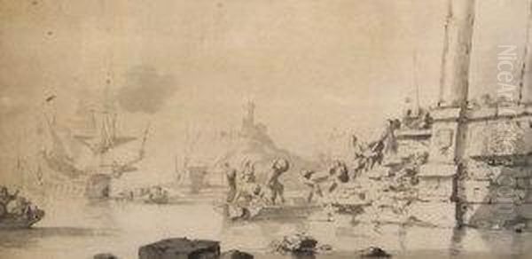 Shipping Scene With Figures Unloading Boats On A Quay - view 1