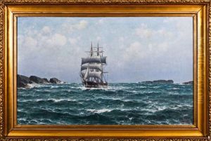 Seilskute Ved Klippekyst by Lauritz Haaland