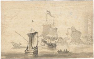 Ruhige See Mit Galeonen Und Booten Vor Felsen by Ludolf Backhuysen