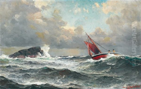 Segelboot Vor Felsen Bei Sturmischer See - view 1