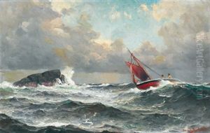Segelboot Vor Felsen Bei Sturmischer See by Lauritz Haaland