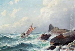A Seascape Off A Rocky Coast by Lauritz Haaland