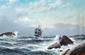 Norsk Sejlskib Ud For En Klipperig Kyst by Lauritz Haaland