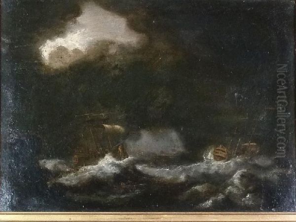 Two Galleons At Sea In A Violent Storm - view 1