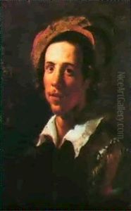 Portrait Of A Youth, Bust Length, Wearing A Feathered       Cap And A Tunic With Striped Sleeves
