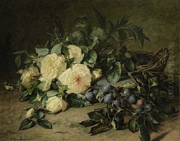 Stillleben Mit Weisen Rosen Und Pflaumen - view 1