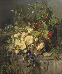 Yellow Roses, Morning Glory And East-indian Cress On A Forest Floor