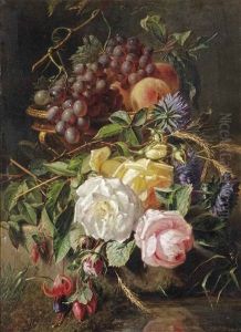 Roses, Wild Cornflowers, Several Other Flowers, Grapes And Peaches In A Vase On A Stone Ledge by Adriana Johanna Haanen