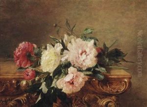 Red, White And Pink Peonies On A Decorated Marble Ledge by Adriana Johanna Haanen