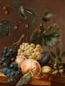Still Life Of Fruit And Nuts On A Plinth by Adriana Johanna Haanen