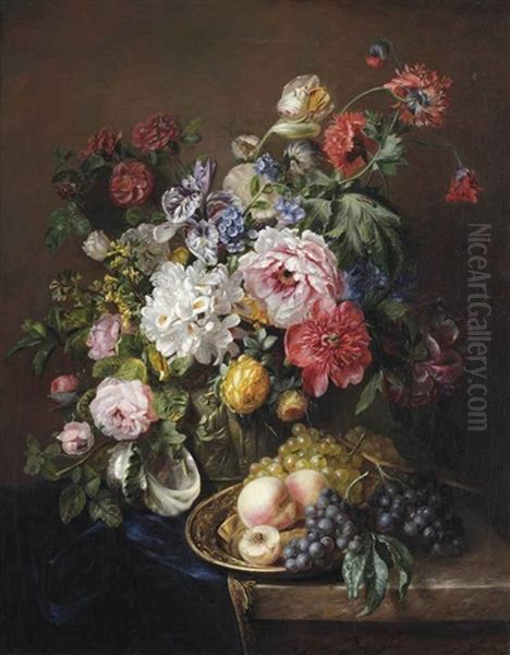 Roses, Poppies, Peonies, Tulips And Syringa With A Caterpillar And A Moth In A Vase With Classical Reliefs, Peaches And Grapes On A Copper Ewer... - view 1
