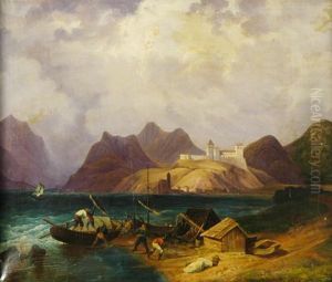 Il Giovane "pescatori All'approdo Con Fortezza Sullo Sfondo" Olio Su Tela Firmato E Datato In Basso A Sinistra. In Cornice Ebanizzata by Ludolf Bakhuyzen