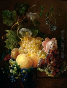 Still Life With Fruit And Flowers On A Plinth (+ Still Life With A Jay On A Plinth, Oil On Canvas; 2 Works) by Adriana Johanna Haanen