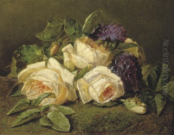 White Roses And Chinese Asters On A Forest Floor - view 1
