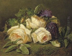 White Roses And Chinese Asters On A Forest Floor by Adriana Johanna Haanen