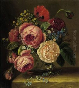 Rosen, Mohnblume Und Vergismeinnicht In Glasvase by Adriana Johanna Haanen