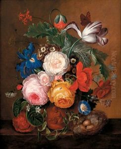 Roses And Mixed Flowers On A Ledge With Butterfly, Bird's Nest And Insects
