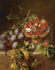 A Still Life With Prunes, Gooseberries And Strawberries In A Bowl by Adriana Johanna Haanen