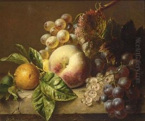 A Still Life With Grapes, A Peach, Gooseberries And An Orange by Adriana Johanna Haanen