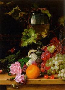 Weintrauben, Weinlaub, Rosen, Orangen Und Gefullter Weinpokal Auf Einer Steinplatte