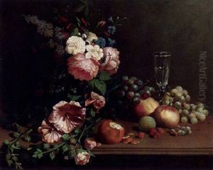 Stilleben Mit Obst Und Blumenstraus Auf Einem Tisch