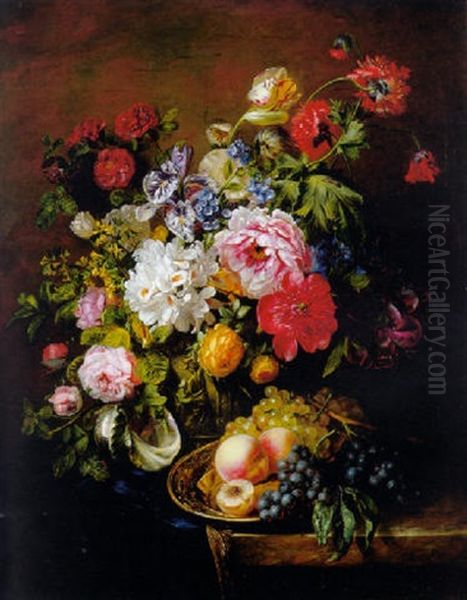 Roses, Peonies, Poppies And Other Flowers In A Terracotta Pot With Peaches And Grapes On A Copper Ewer On A Draped Marble Ledge by Adriana Johanna Haanen