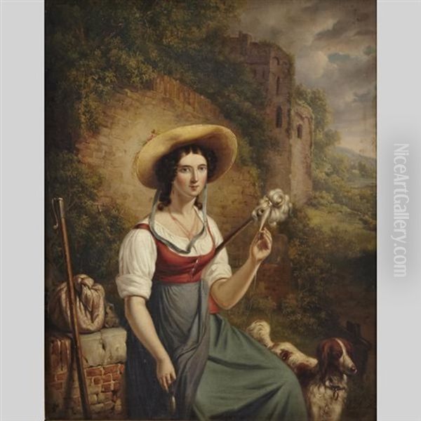Lady Traveller Spinning Yarn With Her Dog - view 1