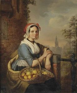 A Woman Carrying A Basket Of Fruit by Elisabeth Alida van Haanen